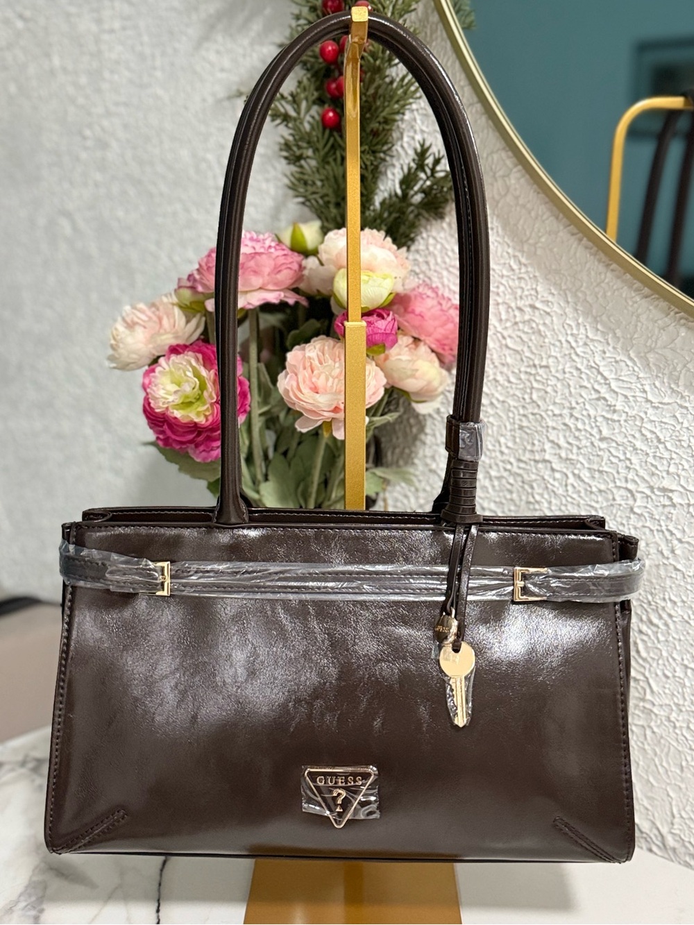 GUESS Chocolate Brown Belted Satchel Handbag Lock & Key NWT